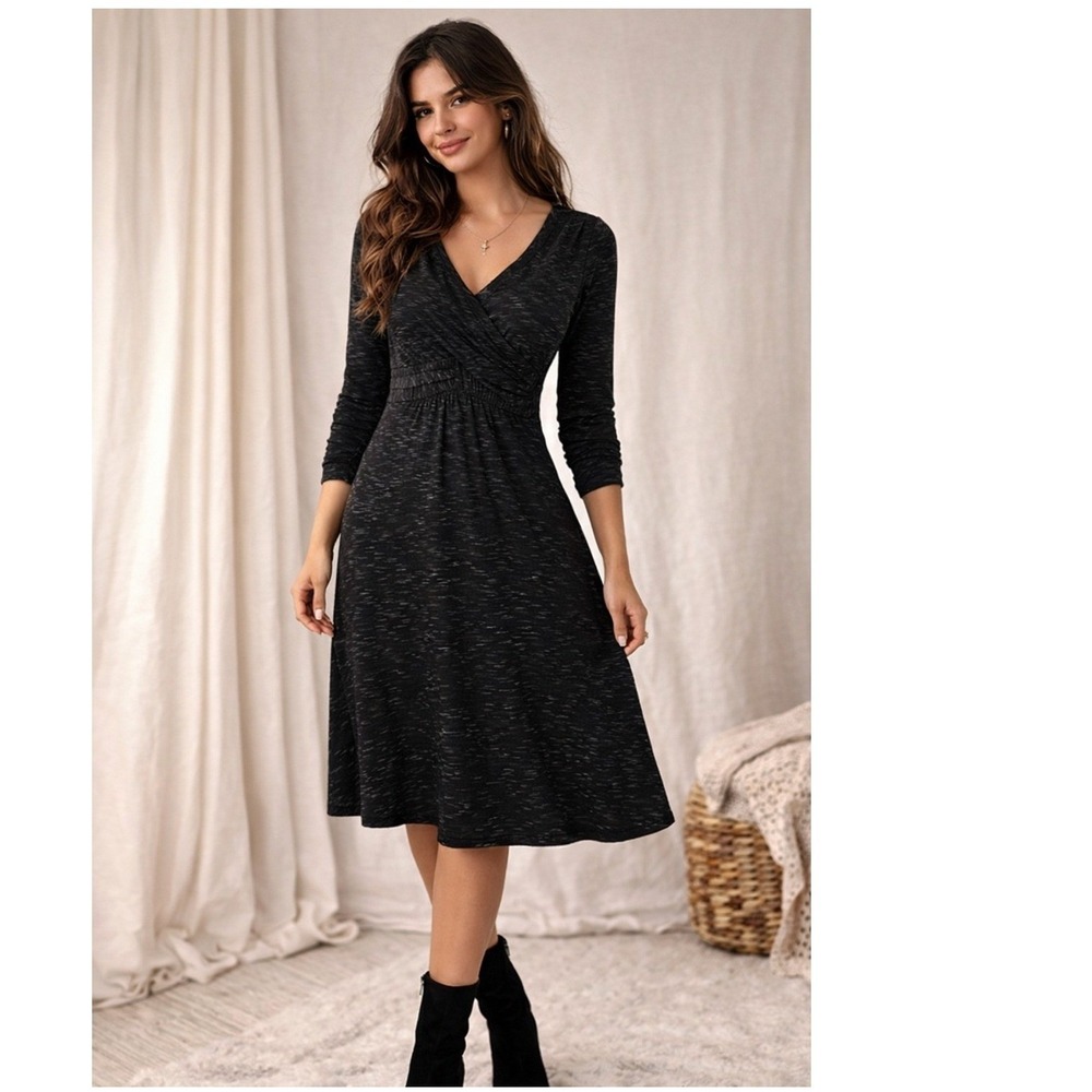 Max Edition Womens Black Dress Ruched Waist V Neck Long Sleeve Wrap Style